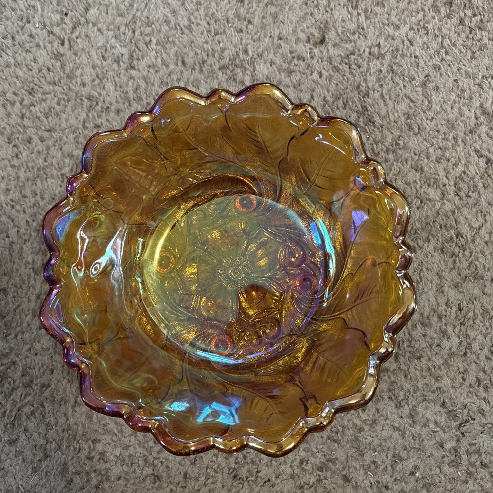 Vintage Indiana Glass Marigold  Carnival Glass Wild Rose Scalloped Edge 9"